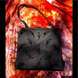 VINTAGE SOURE BLACK SATIN BEADED BAG